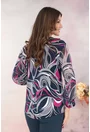 Bluza bleumarin cu print abstract roz-alb si fundita decorativa