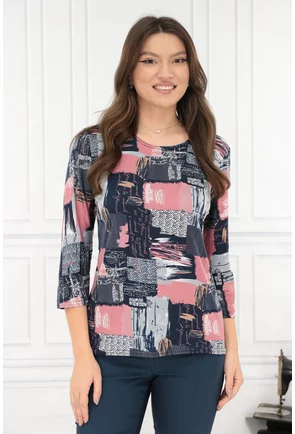 Bluza bleumarin cu print abstract roz-bleu