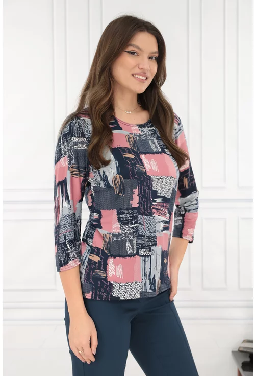 Bluza bleumarin cu print abstract roz-bleu