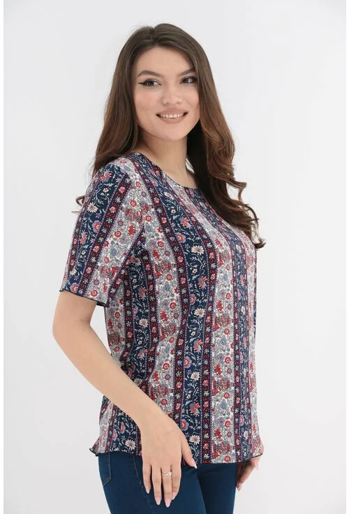 Bluza bleumarin cu print floral crem-rosu