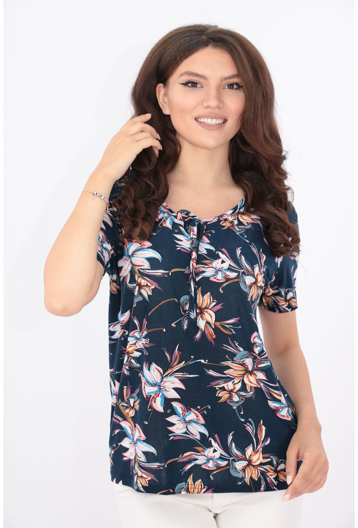 Bluza bleumarin cu print floral orange-roz