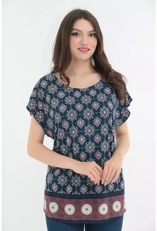 Bluza bleumarin cu print floral si bordura la tiv