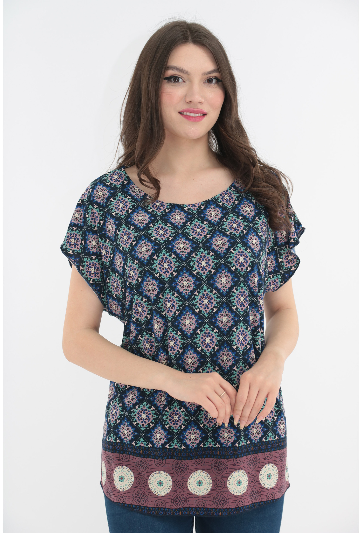 Bluza bleumarin cu print floral si bordura la tiv