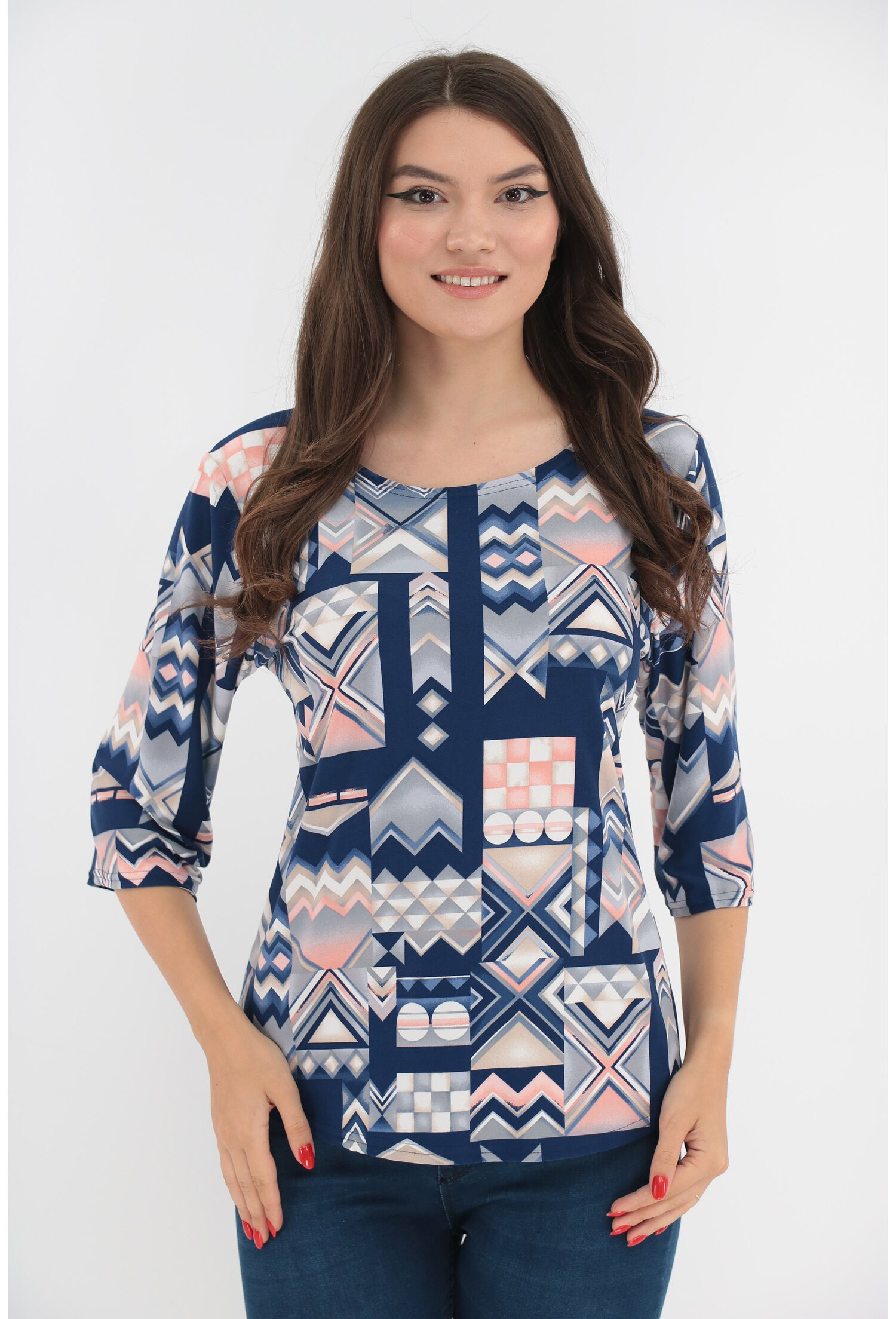 Bluza bleumarin cu print geometric roz-bej