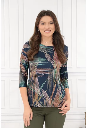 Bluza bleumarin cu print geometric si insertii aurii