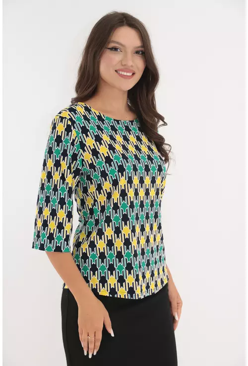 Bluza bleumarin cu print geometric verde-galben