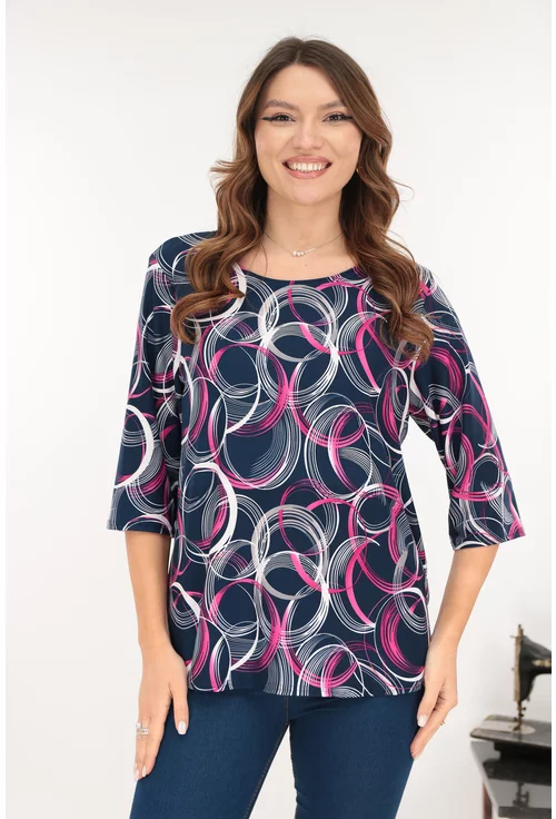 Bluza bleumarin din bumbac cu print geometric alb-fucsia