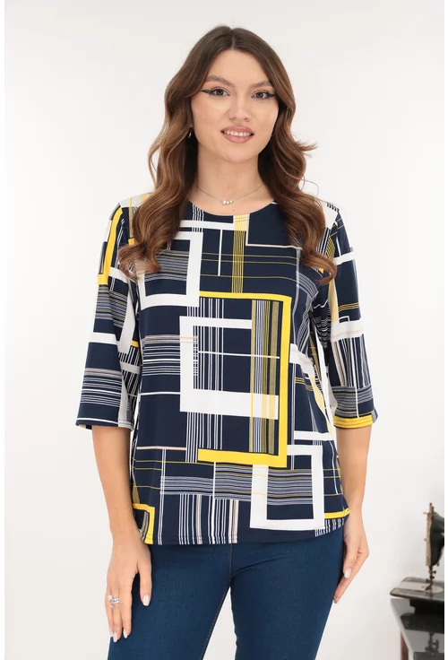 Bluza bleumarin din bumbac cu print geometric galben-alb