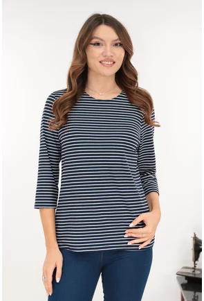 Bluza bleumarin din vascoza cu dungi fine albe