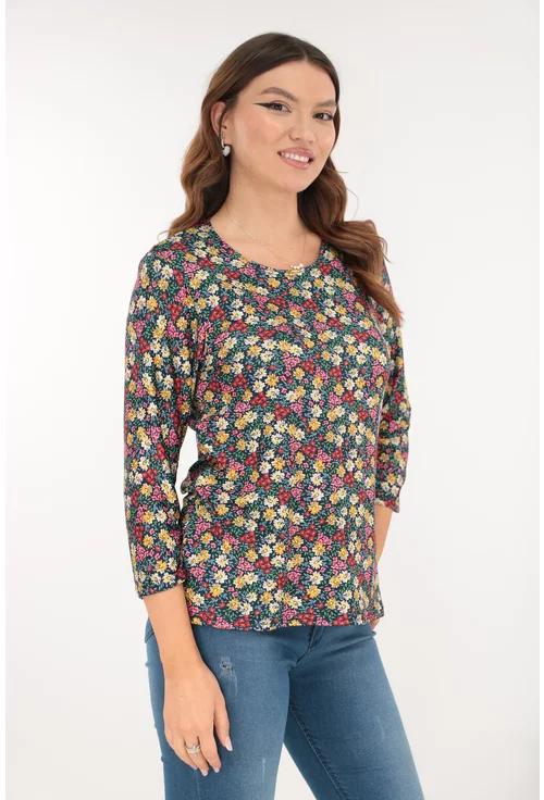 Bluza bleumarin din vascoza cu imprimeu floral galben-rosu