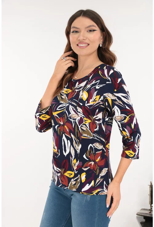 Bluza bleumarin din vascoza cu print floral alb-bordo