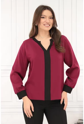 Bluza bordo cu insertii negre la decolteu si mansete