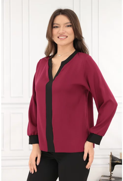 Bluza bordo cu insertii negre la decolteu si mansete