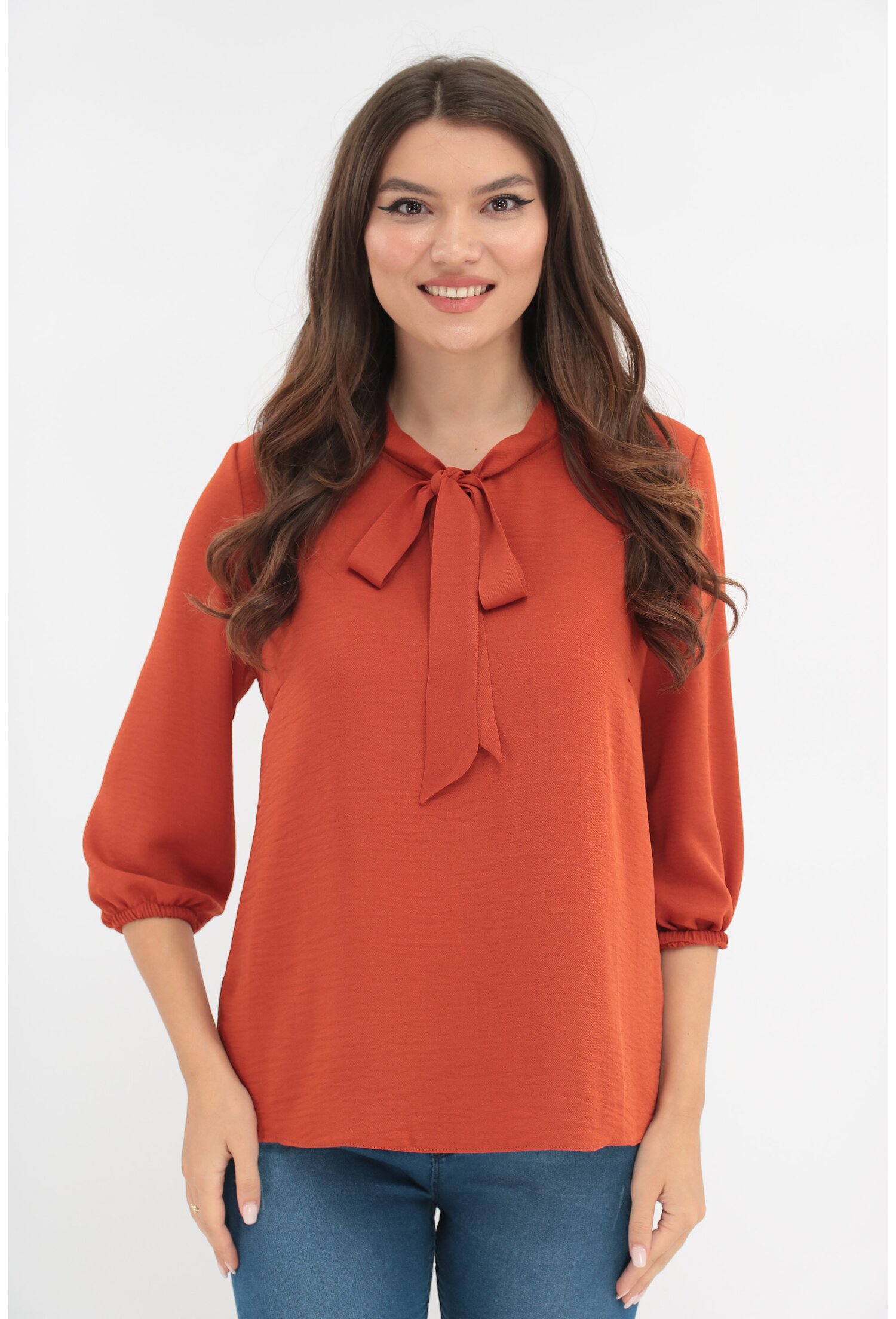 Bluza caramizie cu fundita si maneci 3/4
