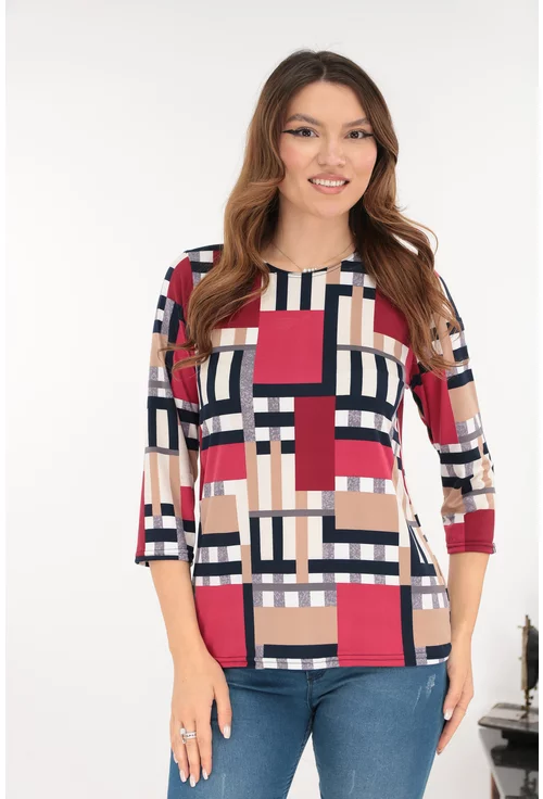 Bluza crem din vascoza cu print geometric bordo-albastru