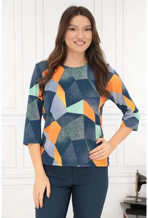 Bluza cu imprimeu geometric galben-albastru
