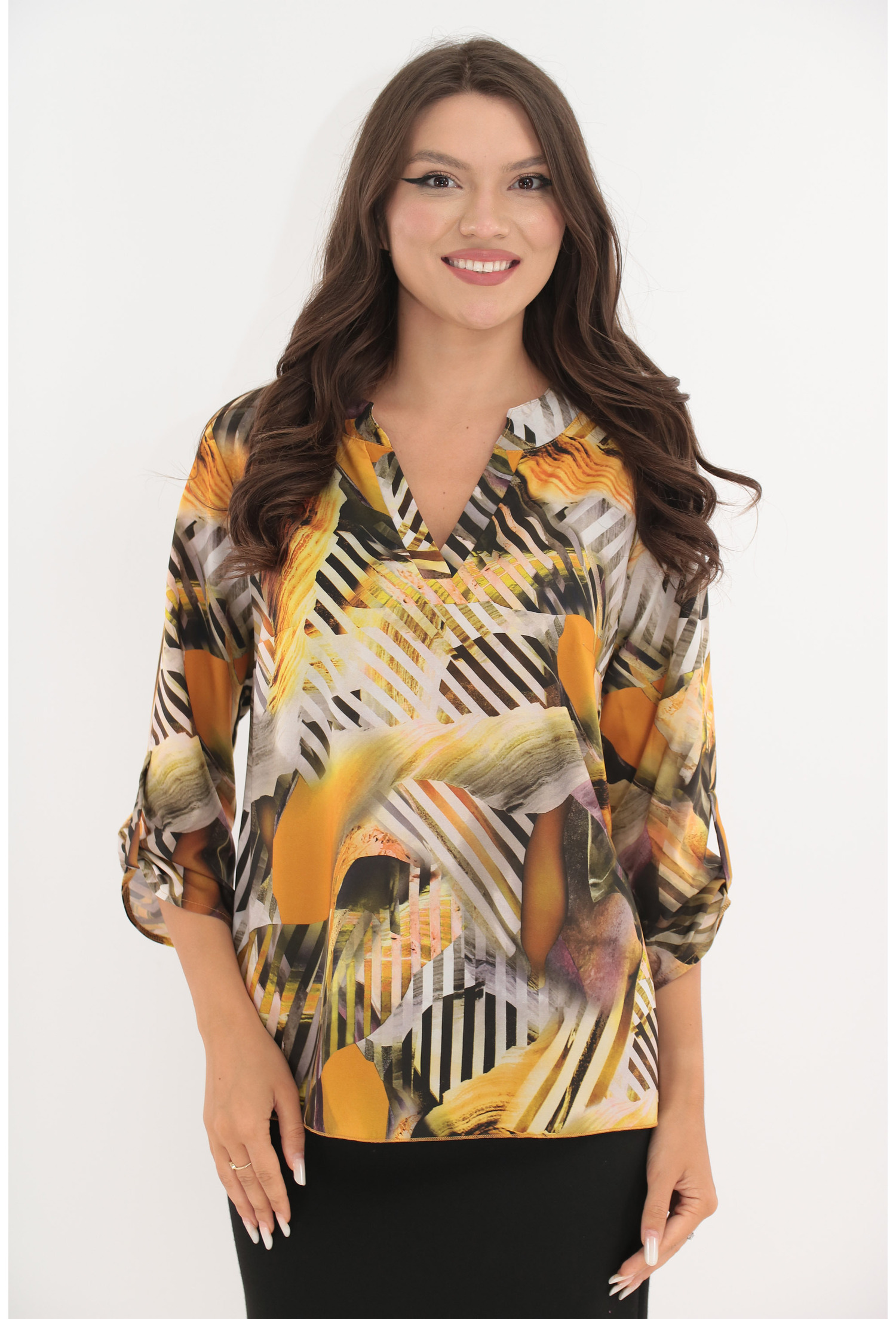 Bluza cu print abstract galben-maro