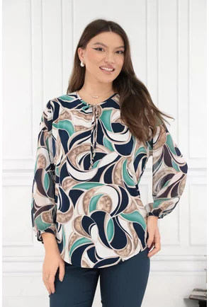Bluza cu print abstract vernil-bej si fundita decorativa