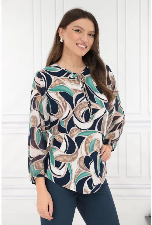 Bluza cu print abstract vernil-bej si fundita decorativa