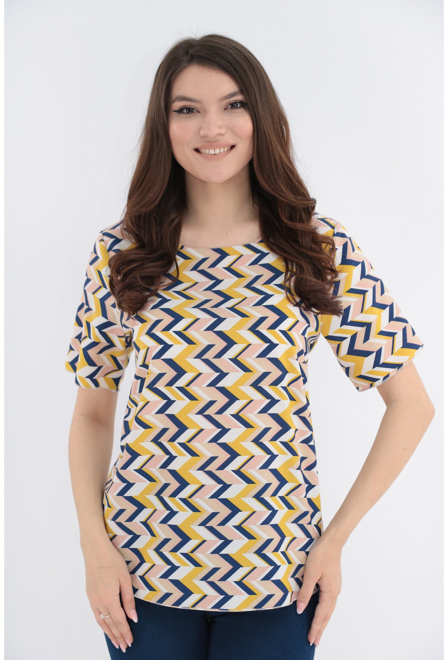 Bluza cu print geometric bleumarin-mustar