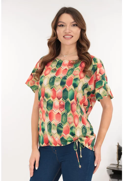 Bluza cu print geometric verde-corai si cu siret lateral