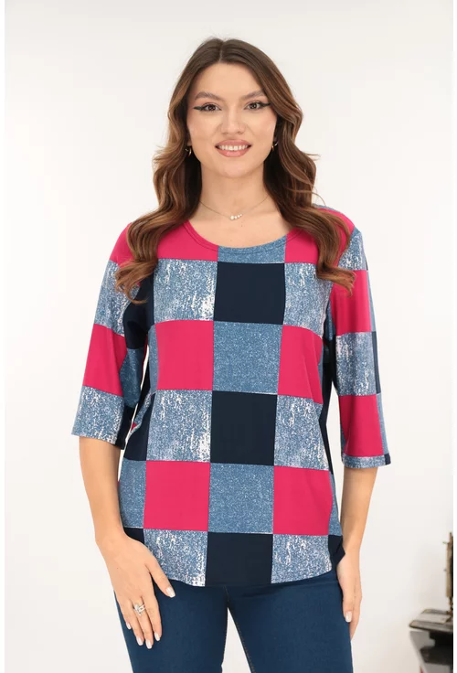 Bluza din bumbac cu patrate albastre si fucsia