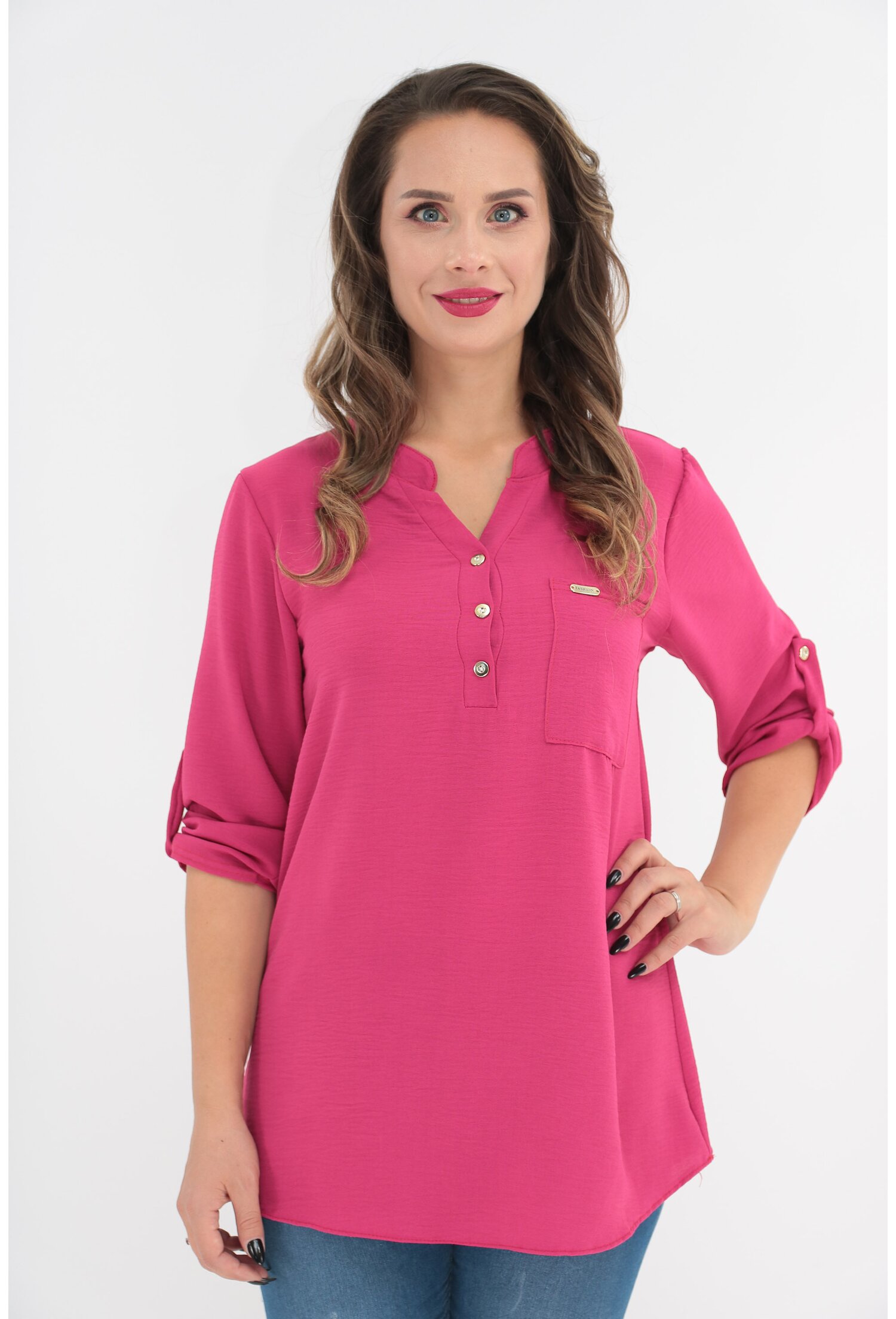 Bluza din bumbac fucsia cu bride la maneci