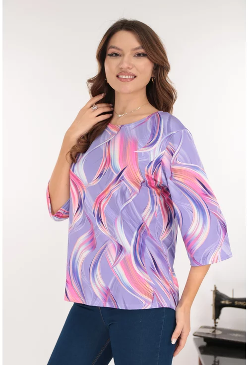 Bluza din bumbac lila cu print abstract corai