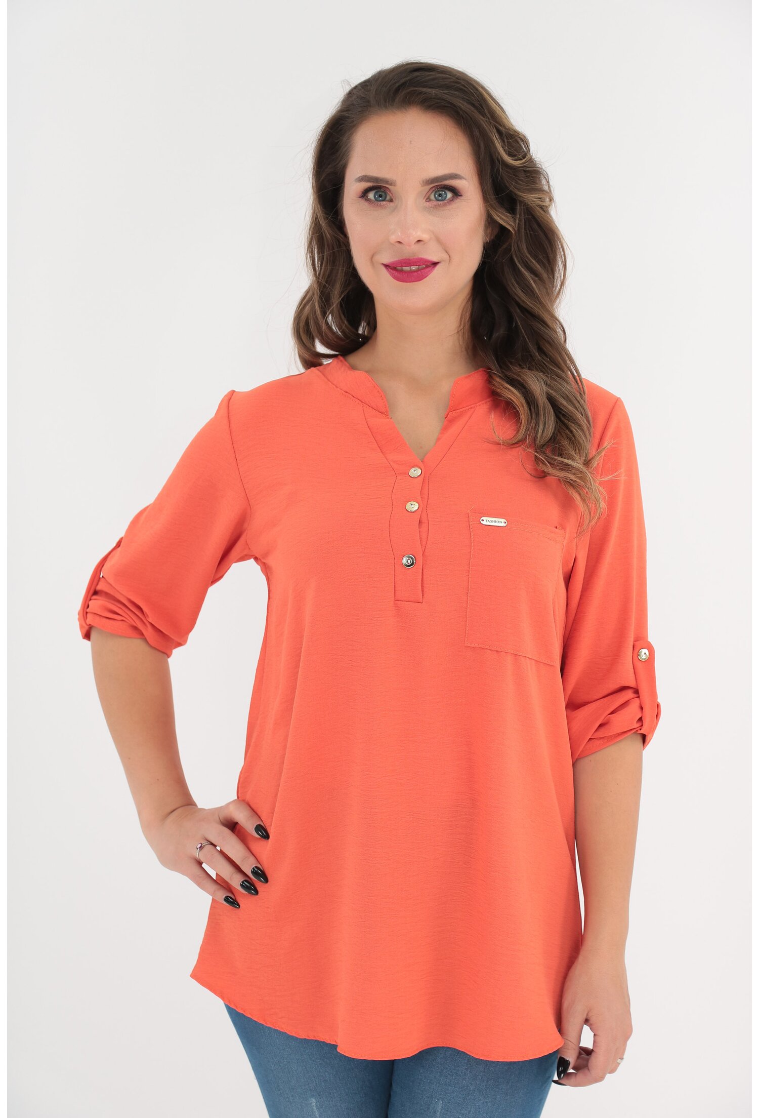 Bluza din bumbac orange cu bride la maneci