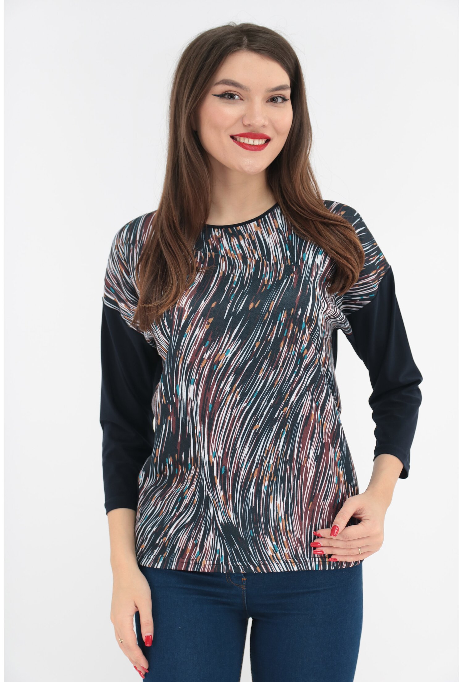 Bluza din jerse fin cu print abstract multicolor
