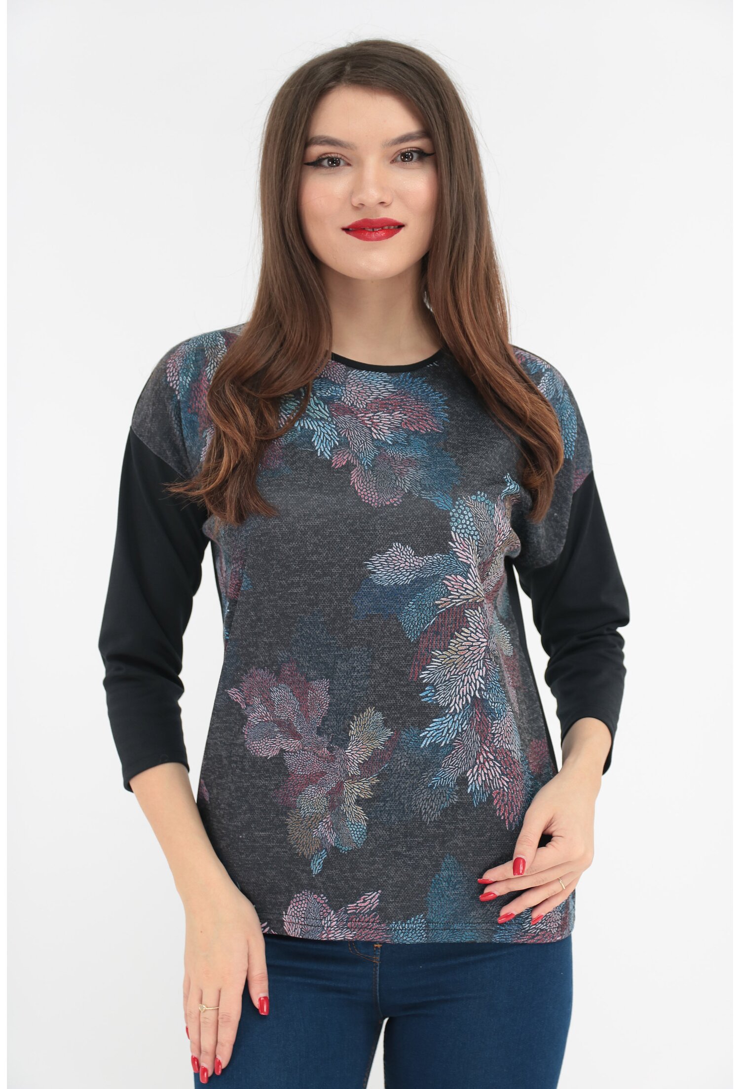 Bluza din jerse fin cu print floral bleu-roz