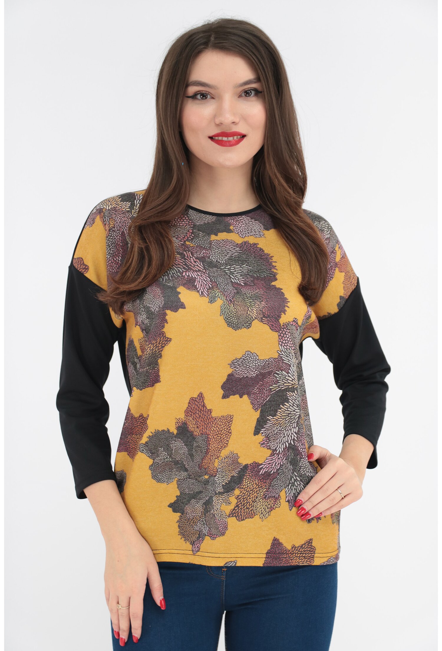 Bluza din jerse fin mustar cu imprimeu floral