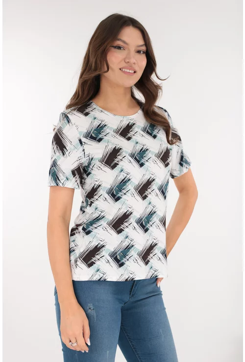 Bluza din vascoza alba cu print abstract negru-bleu