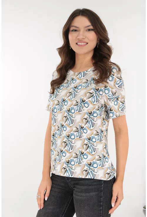 Bluza din vascoza cu print abstract gri-bleu