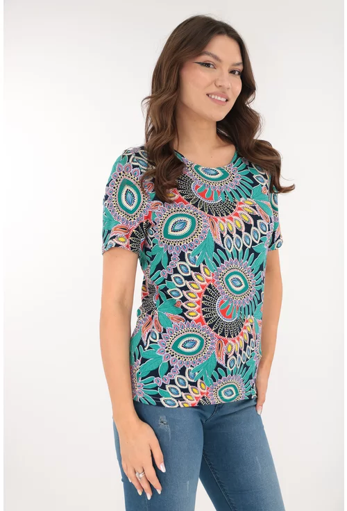Bluza din vascoza cu print abstract turcoaz-rosu