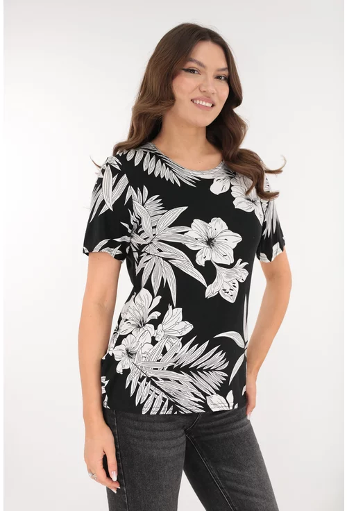 Bluza din vascoza neagra cu desen floral alb