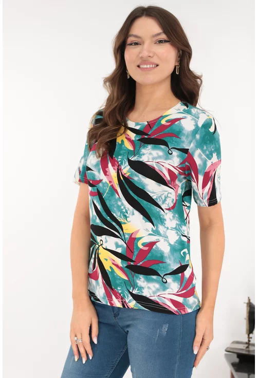 Bluza din vascoza turcoaz cu print floral bordo
