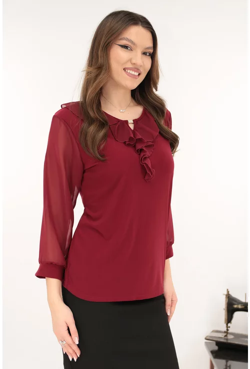 Bluza eleganta bordo cu volanase la decolteu