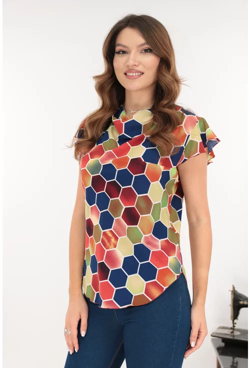 Bluza eleganta cu imprimeu geometric caramiziu-albastru