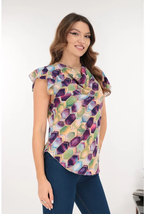 Bluza eleganta cu imprimeu geometric verde-mov