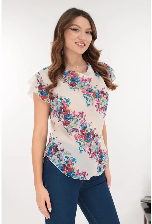 Bluza eleganta din voal ivory cu print floral albastru-roz
