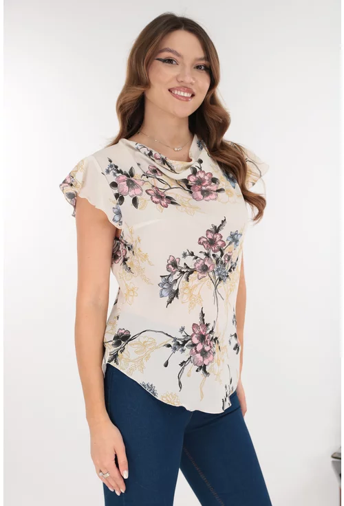 Bluza eleganta din voal ivory cu print floral roz