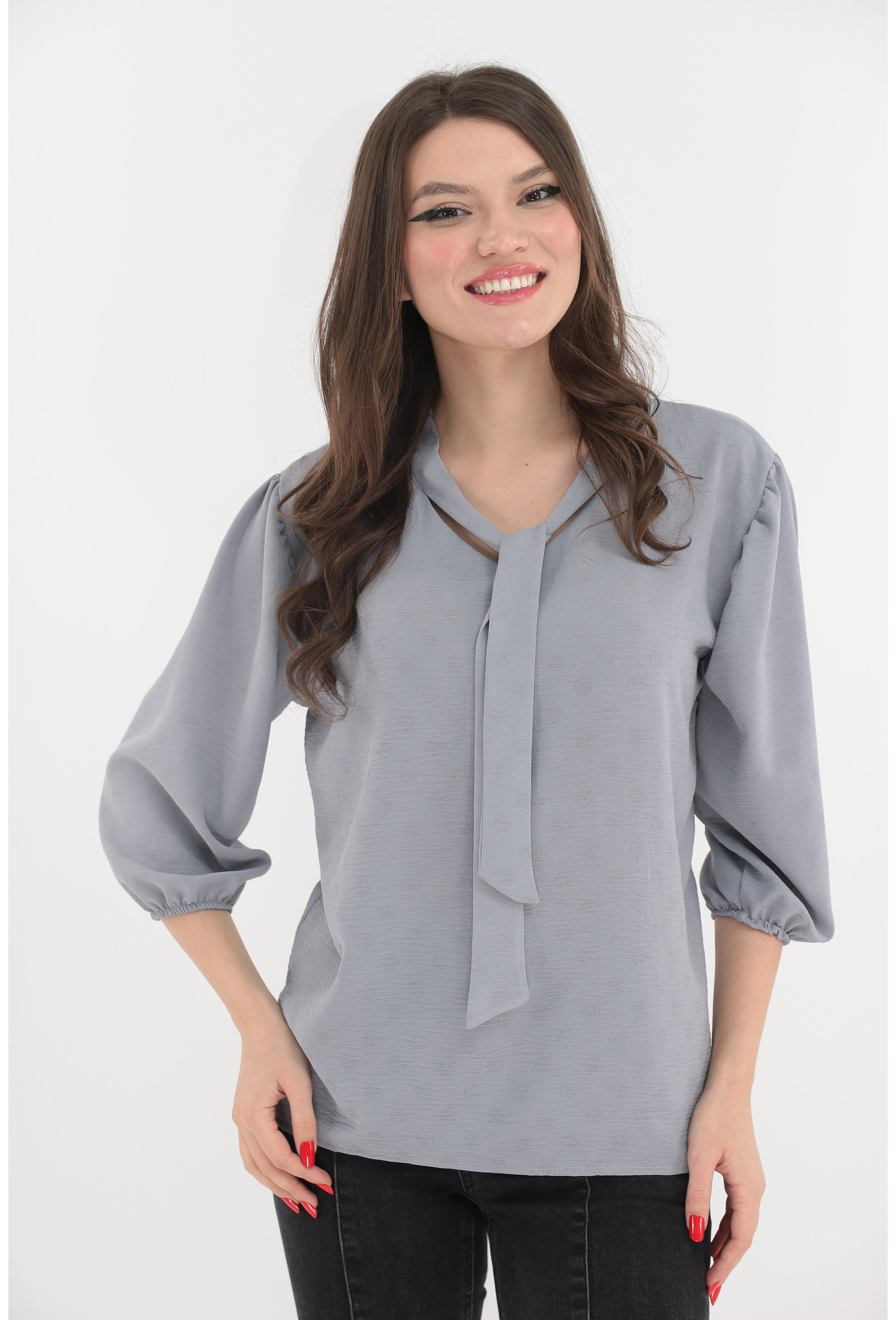 Bluza eleganta gri cu fundita la decolteu