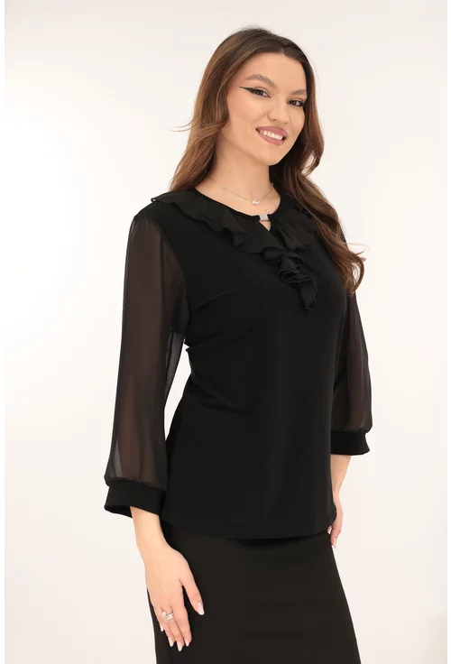 Bluza eleganta neagra cu volanase la decolteu