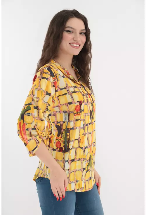 Bluza galbena cu print abstract si guler tunica