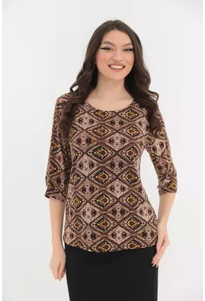 Bluza maro cu imprimeu abstract galben