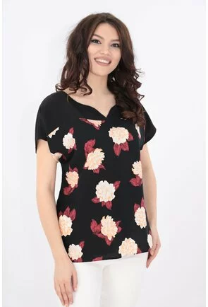 Bluza neagra cu imprimeu floral roz