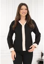 Bluza neagra cu insertii bej la decolteu si mansete