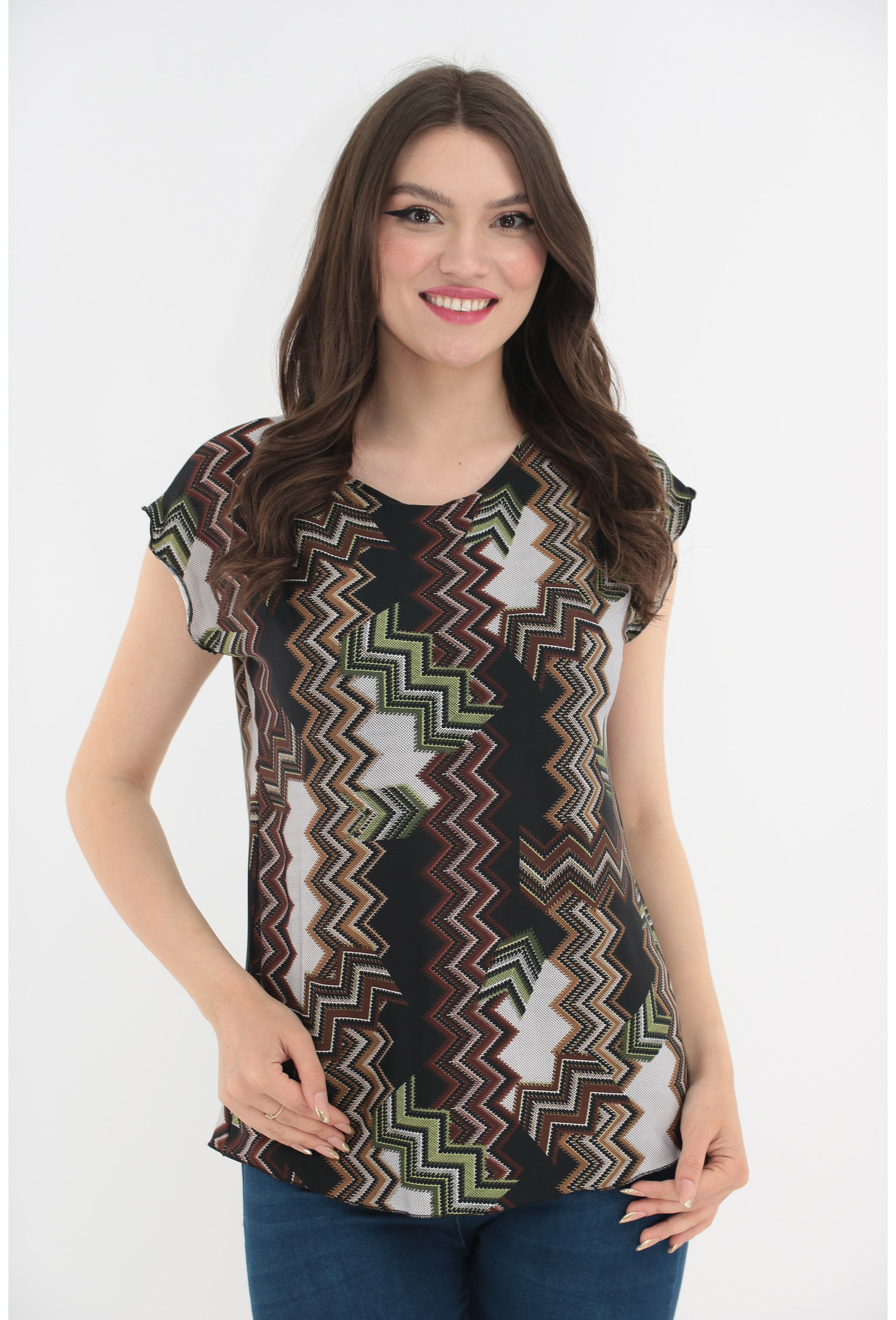 Bluza neagra cu print geometric maro-gri