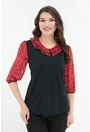 Bluza neagra cu volan dublu din voal cu flori rosii la decolteu